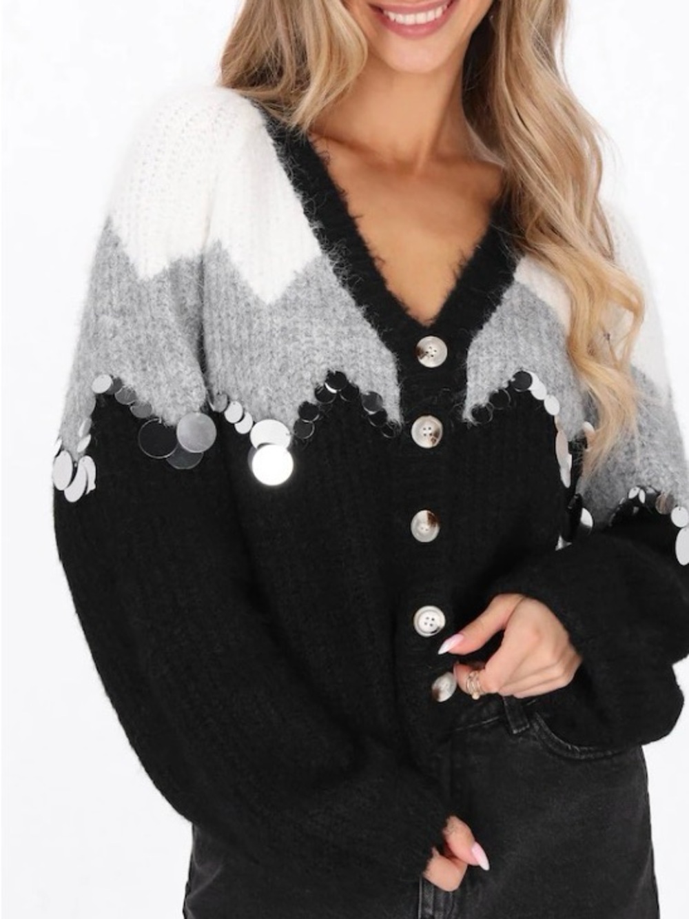 NWT Cozy Colorblock Sequin-Trim Cardigan Sweater